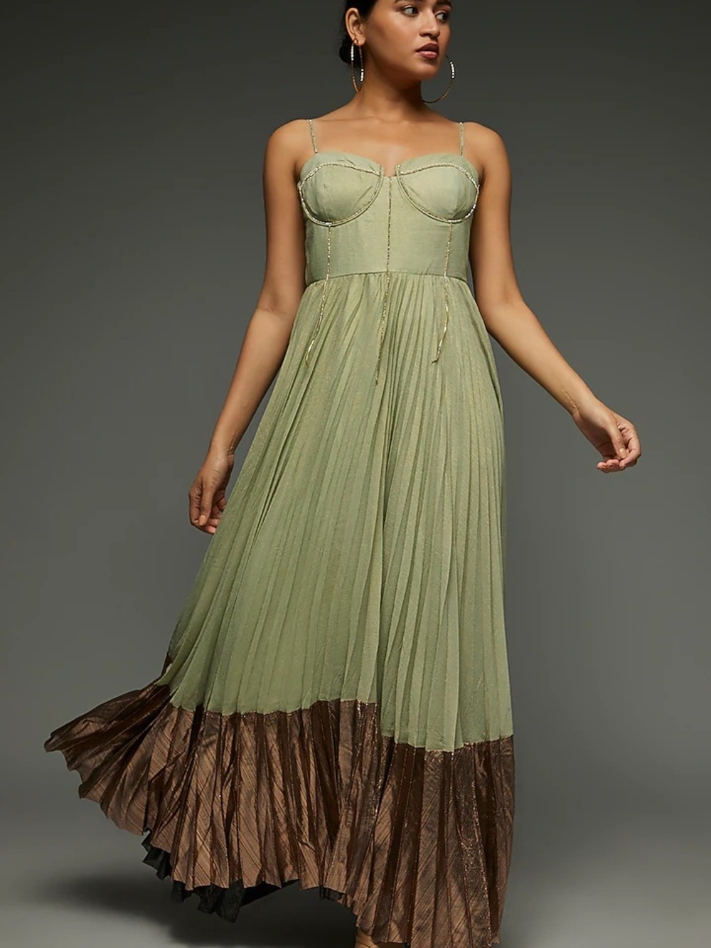 Anthropologie Olive Green Maxi Dress with Bronze Hem